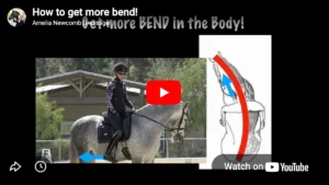 A rider on a gray horse demonstrates how to get more bend, with blue arrows showing motion. Beside them, a diagram of a horse’s curved body has red and blue arrows indicating the direction of the bend.
