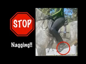 A red stop sign with the word STOP is shown next to a photo of a person riding a gray horse. The rider’s lower leg and foot are circled in red to highlight horse training mistakes. Below, the words “Stop Nagging!!” appear in bold white text.