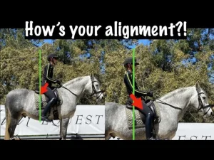 A side-by-side comparison of a rider on a gray horse, showing posture with green lines and red arrows highlighting alignment and stability differences, under the text How’s your alignment?!. Trees are in the background.