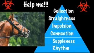 A distressed Dressage Horse with an open mouth and bridle stands beside a blue pyramid labeled Rhythm to Collection. The text above reads Help me!!! with biohazard symbols, illustrating a classic Horse Problem in the world of Dressage.