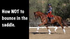 A rider in a helmet and patterned shirt is riding a chestnut horse in an outdoor arena. Red wavy lines highlight the rider’s movement, much like tips to reduce bounce rate for better website engagement. Text reads, How NOT to bounce in the saddle.