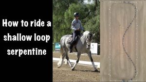 A person rides a horse in an arena on the left, while on the right there's an overhead view showing a Shallow-Loop serpentine riding pattern. Bold text reads: How to ride Serpentines with a shallow loop.