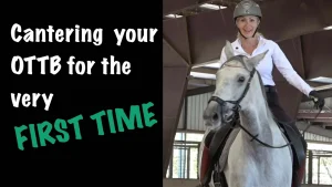 A smiling woman in a helmet rides a gray OTTB inside an arena. Text on the left reads: Cantering your OTTB for the very FIRST TIME, with FIRST TIME highlighted in green letters.