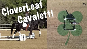 A rider on a black horse jumps over white poles arranged in a cloverleaf shape, showcasing Cavaletti training for improved suppleness. CloverLeaf Cavaletti text is overlaid, with an aerial view on the right showing the pattern drawn on the sand.