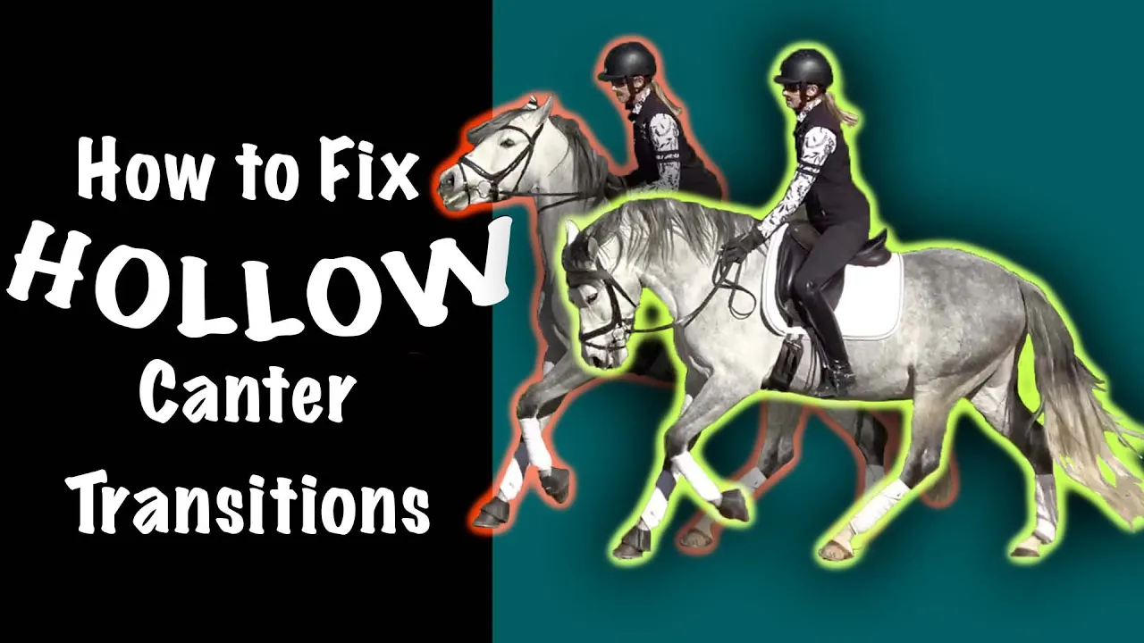 Text reads How to Fix Hollow Canter Transitions. Two riders in riding gear are shown on horses; one outline glows red (showing a hollow frame), the other glows green (showing an engaged frame) for better horse training during the trot-canter transition.