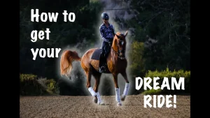 A person riding a chestnut horse in an outdoor arena, showcasing excellent rideability, with the text How to get your DREAM RIDE! overlaid in white, bold letters. The horse is trotting, both wear riding gear, and trees fill the background.