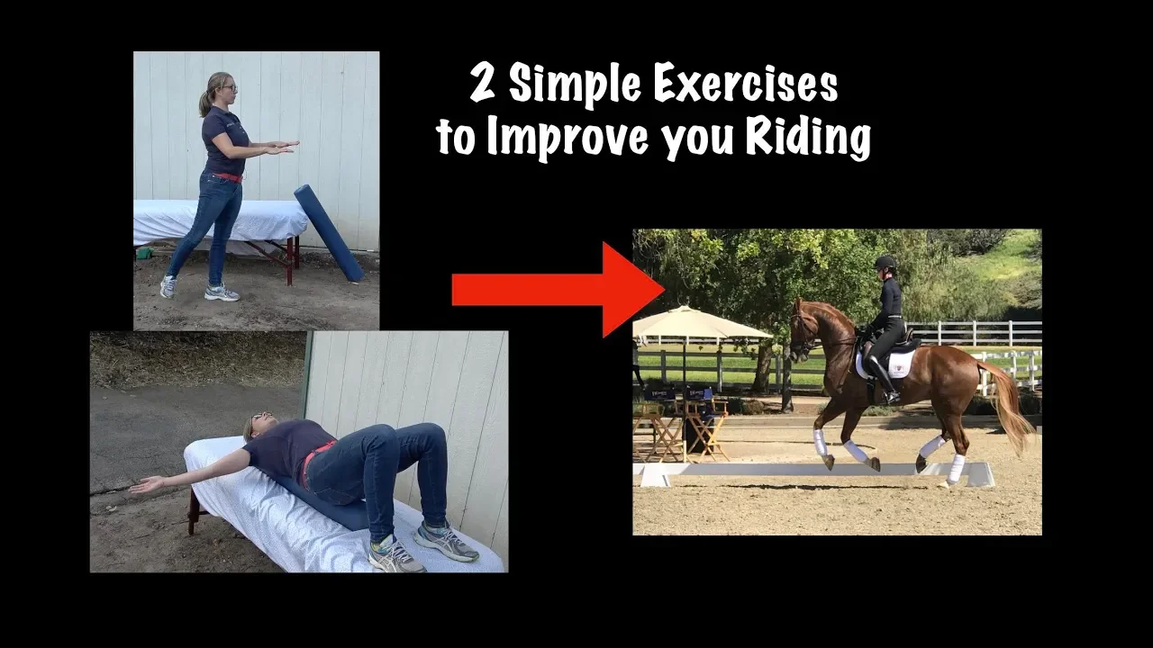 A split image shows a woman doing stretching exercises on a table on the left and riding a horse in an arena on the right, with the text 2 Simple Exercises to Improve your Riding Position and a red arrow pointing right.