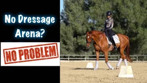 A person in equestrian attire rides a brown horse on a sandy area with markers, showing that dressage training can happen anywhere. Text on the left says No Dressage Arena? NO PROBLEM with NO PROBLEM in a red stamp style. Trees are visible behind.