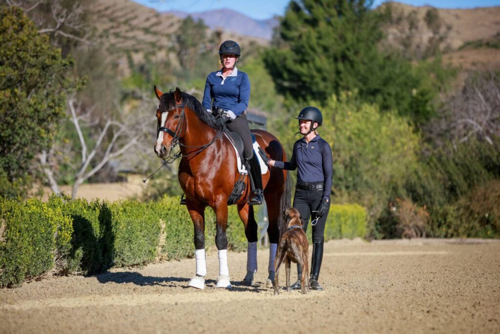 Two women in riding gear, one sitting on a brown horse and the other standing beside them holding a dog on a leash, are outdoors on a sandy path amid green shrubs and hills, perhaps enjoying dressage training.
