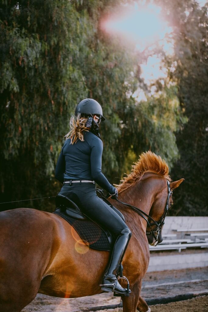 A person wearing a helmet and riding gear rides a chestnut horse outdoors near trees, with sunlight streaming through the background, as if participating in one of their equestrian masterclasses.