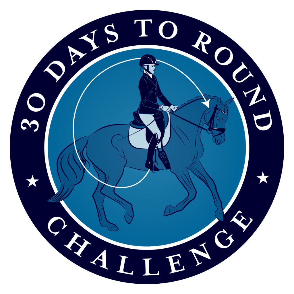A circular logo featuring a rider on a horse outlined in blue, highlighting the 30 Days to Round challenge. White text and stars encircle the design on a dark blue background, emphasizing the spirit of this unique 30 Days to Round event.