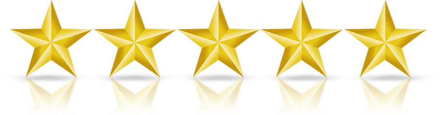 Five gold stars in a row with reflections beneath them, symbolizing a five-star rating or review on a white background.