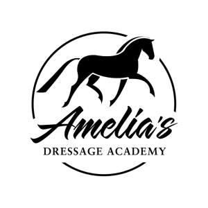 Black and white logo for Amelias Dressage Academy features a horse trotting inside a circular outline—perfect for your sales page template. "Amelias" appears in elegant script, with DRESSAGE ACADEMY in uppercase below.