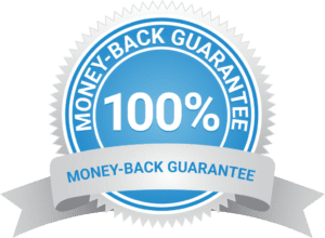 A blue and white circular badge with a spiked edge reads 100% MONEY-BACK GUARANTEE—perfect for your Sales Page Template. A silver ribbon below also displays MONEY-BACK GUARANTEE in blue text.