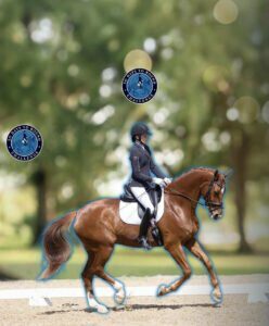A rider wearing a black helmet and jacket rides a chestnut horse with a white saddle pad in an outdoor arena. Two blue “Boats to Boots” logos and a 30 Days to Round badge are overlaid at the top, with a green, blurred background.