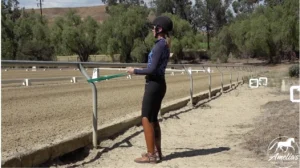 A woman in riding attire and helmet stands by a dressage arena, holding green resistance bands attached to a rail, performing fitness exercises. Trees and letters marking the arena are visible in the background, enhancing her connection with equestrian training.