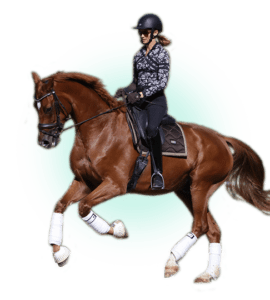 A person wearing a helmet and patterned jacket rides a brown horse with white leg wraps, captured mid-stride, showcasing balance and technique—a true Rider Position Masterclass—against a plain light background.
