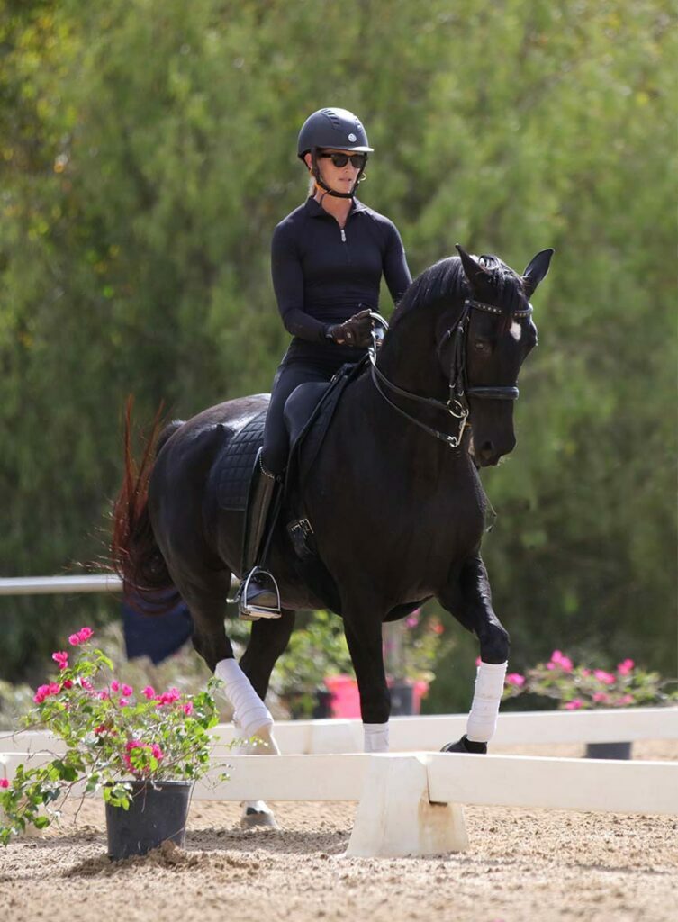 A person dressed in black equestrian gear and helmet rides a black horse with white leg wraps in a dressage arena, showcasing their Free Rider Position skills, surrounded by greenery and potted flowers.