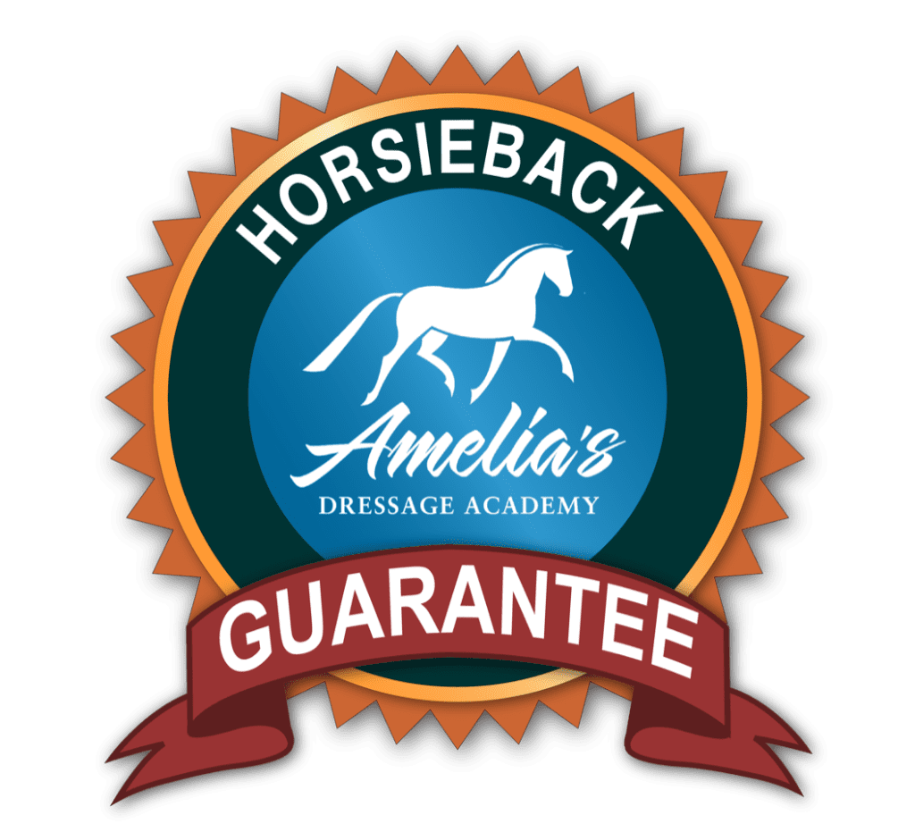 A circular badge featuring a horse silhouette and Amelias Dressage Academy in the center, surrounded by HORSEBACK GUARANTEE, with a red banner at the bottom—perfect for your Groundwork Masterclass achievements.