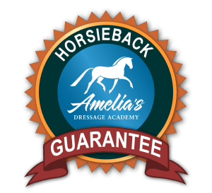 A circular badge featuring a horse silhouette and Amelias Dressage Academy in the center, surrounded by HORSEBACK GUARANTEE, with a red banner at the bottom—perfect for your Groundwork Masterclass achievements.