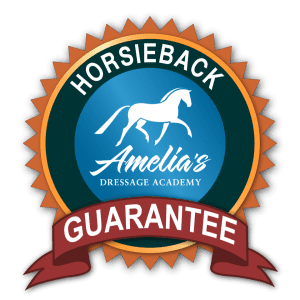 amelia_horsey_badge-v2 A circular badge featuring a horse silhouette and Amelias Dressage Academy in the center, surrounded by HORSEBACK GUARANTEE, with a red banner at the bottom—perfect for your Groundwork Masterclass achievements.