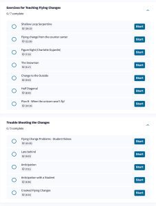 A checklist interface displays two sections: “Exercises for Teaching Flying Changes” and “Trouble Shooting the Changes,” featuring video options for horse training. Each item shows a duration and a blue "Start" button—perfect for your dressage course.