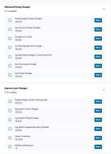 Screenshot of an Equestrian Course interface showing two sections: Advanced Flying Changes with 7 lesson options, and Improve your Changes with 6 lesson options. Each Horse Training lesson has a Start button and duration listed.