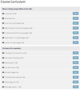 Screenshot of the Flying Changes Course curriculum, featuring video lessons with durations and Start buttons. Sections include What is a flying change?, What are the aids?, and The Basics (Pre-requisites).