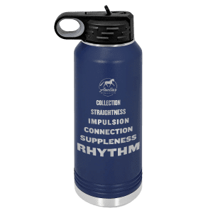 A blue 32 Oz training water bottle with a black flip-top lid. The words COLLECTION, STRAIGHTNESS, IMPULSION, CONNECTION, SUPPLENESS, RHYTHM are printed in white on the bottle, with RHYTHM in bold for emphasis.