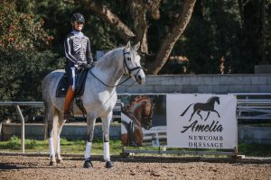 A person in a skeleton costume sits on a gray horse in an outdoor arena beside a sign reading Amelia Newcomb Dressage, promoting the 2023 Free Rider Position Webinar. Trees and a stone wall form the backdrop.