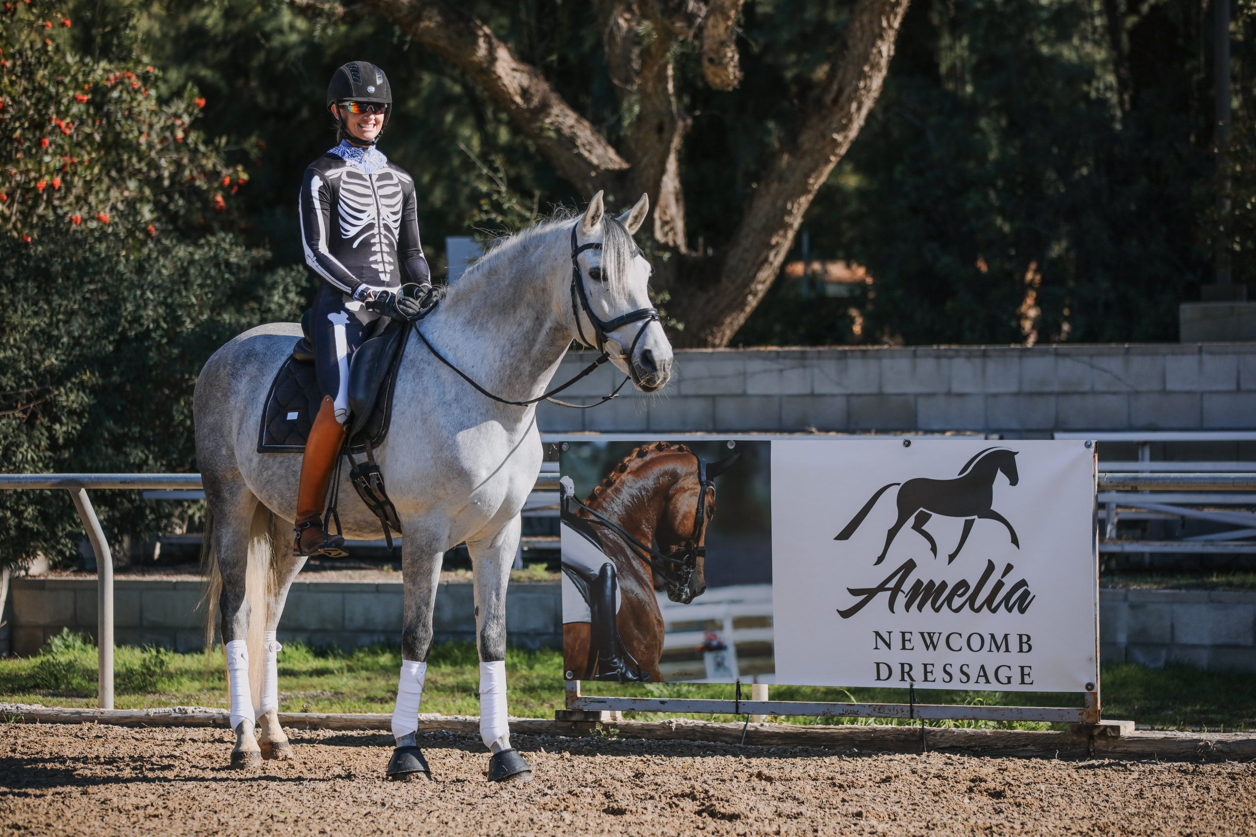 A person in a skeleton costume sits on a gray horse in an outdoor arena beside a sign reading Amelia Newcomb Dressage, promoting the 2023 Free Rider Position Webinar. Trees and a stone wall form the backdrop.