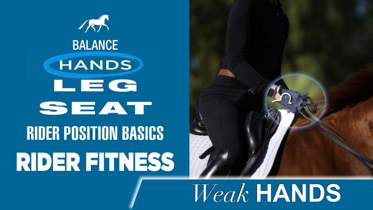 A rider in black attire holds the reins of a horse, focusing on hand position. Text reads: Balance Hands Leg Seat Rider Position Basics Rider Fitness Weak Hands. A white silhouette of a horse appears at the top.