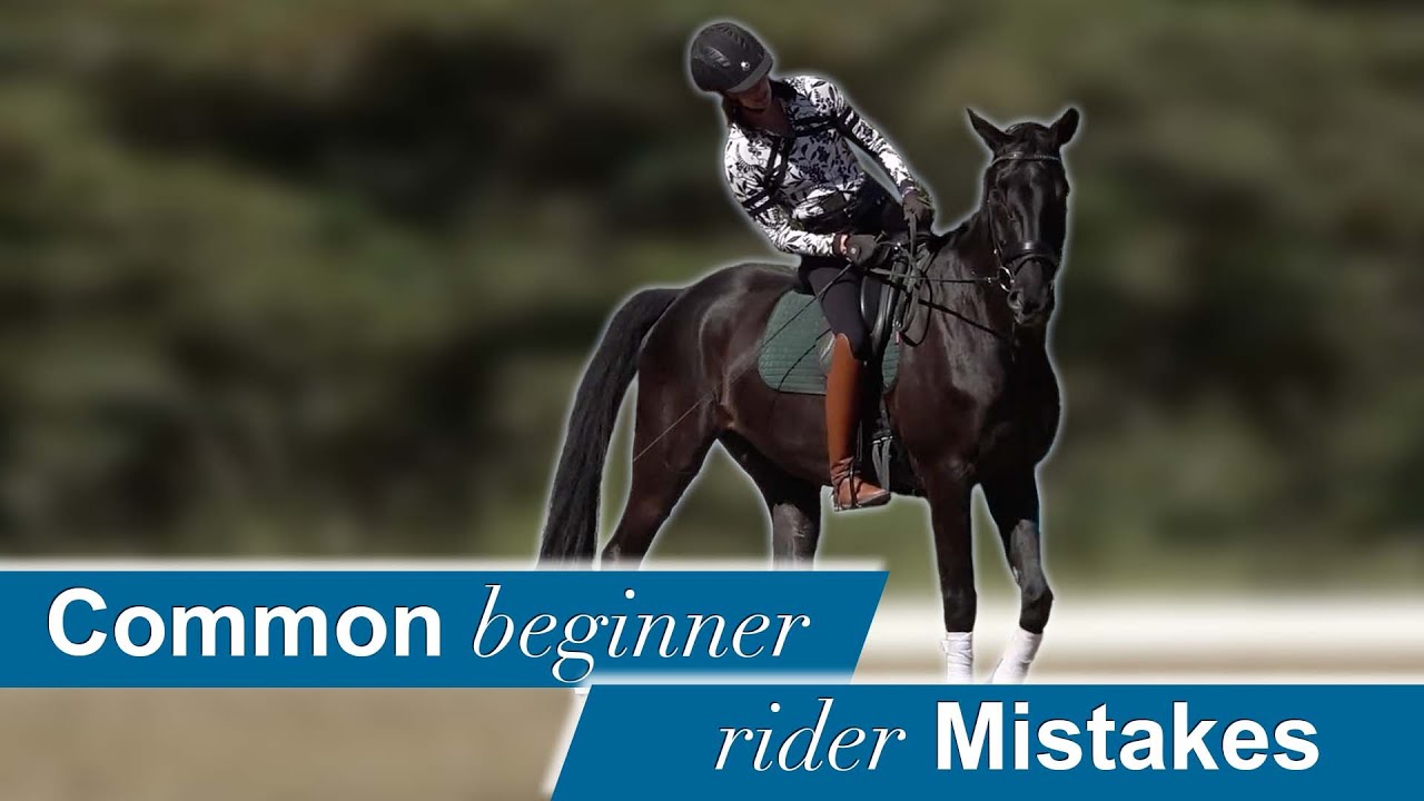 A person in riding gear sits on a dark horse, looking down at the horse’s neck. Text at the bottom reads: Common beginner rider Mistakes. The background is blurred.