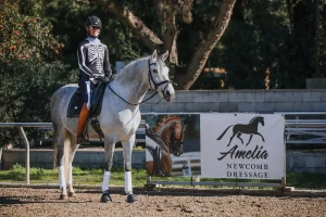 A person in a skeleton costume and helmet demonstrates excellent rider position on a gray horse near an Amelia Newcomb Dressage sign in an outdoor 2023 arena, with trees in the background and Rider Rankings on display.