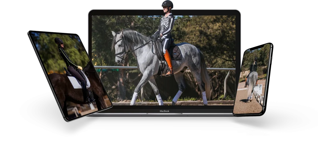 A laptop and two tablets display images of an equestrian rider on a horse, with the central screen highlighting Rider Position 2023 as a person in riding gear sits confidently on a gray horse outdoors.