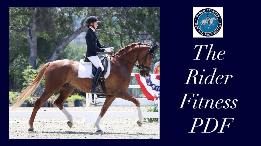 A rider in formal attire and helmet guides a chestnut horse in an outdoor dressage arena. Text reads The Rider Fitness PDF with a logo featuring a horse and rider.