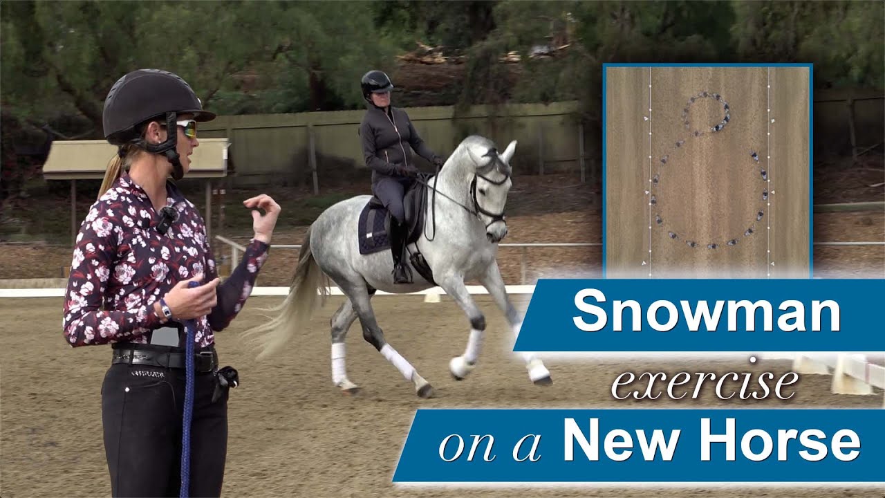 A woman instructs another rider on a gray horse in an outdoor arena, with an aerial diagram of a snowman-shaped riding pattern and text reading Snowman exercise on a New Horse.