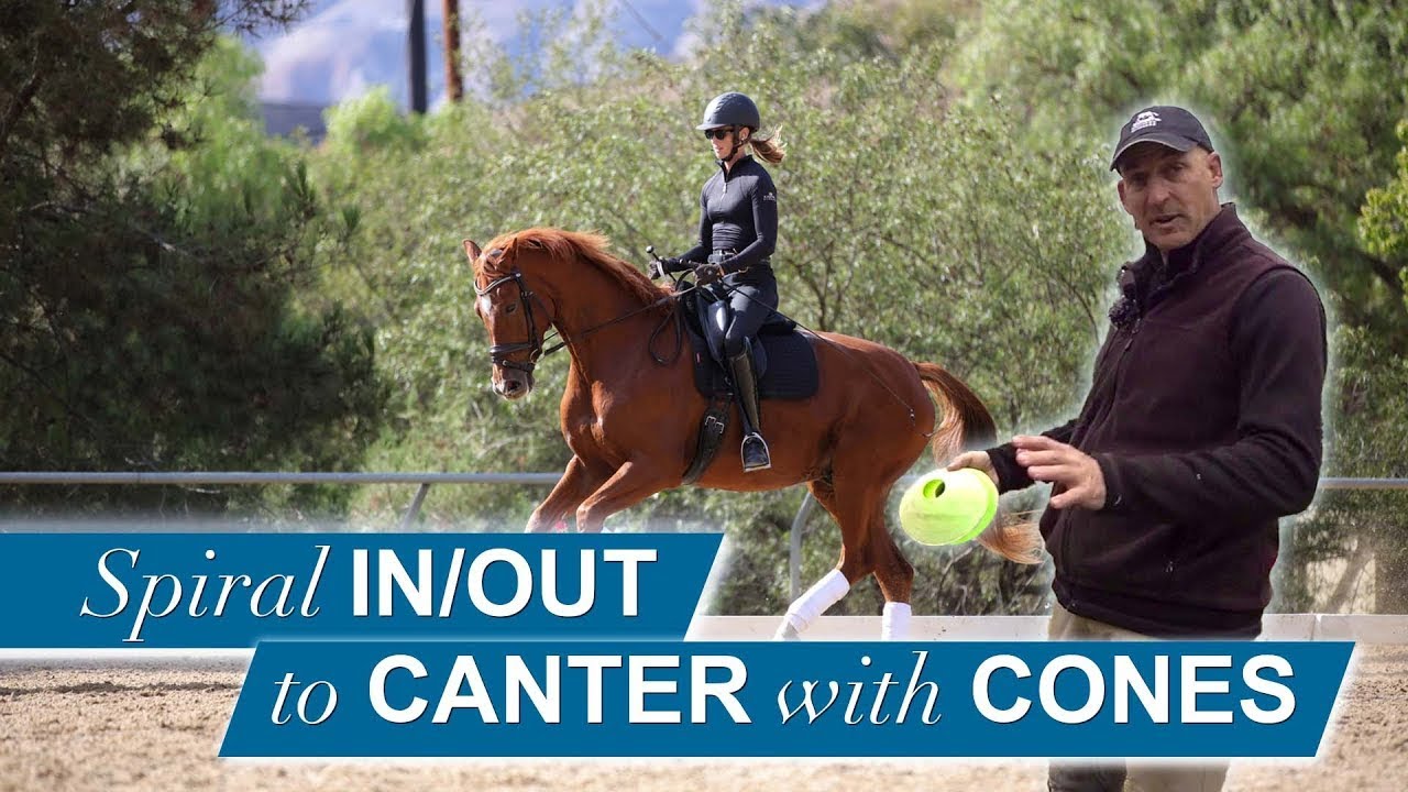 A person rides a chestnut horse in an outdoor arena, while another person in a cap holds a cone. Text overlay reads: Spiral IN/OUT to CANTER with CONES. Trees and fencing are in the background.