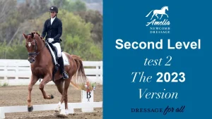 A rider in formal dressage attire rides a chestnut horse in an outdoor arena. On the right, text reads: Second Level Test 2, 2023 Version. Dressage for all. Amelia Newcomb Dressage with a horse logo above.