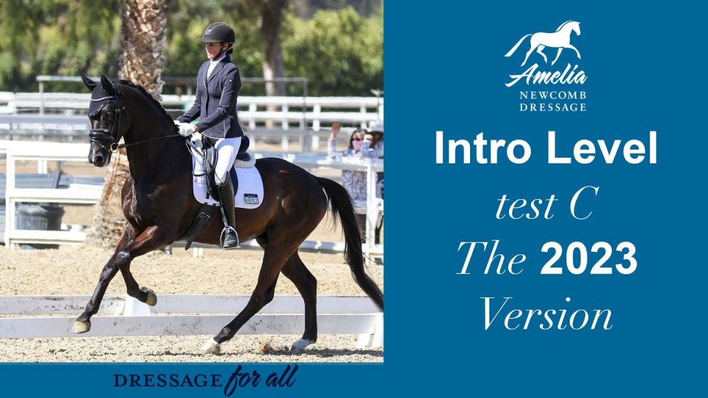 A rider in formal dressage attire guides a dark horse in an outdoor arena. The text reads: Amelia Newcomb Dressage. Featuring Intro Level Test C, 2023 Version. Dressage for all.