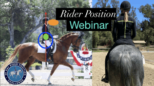 A split image shows a dressage rider on a chestnut horse with posture diagrams, and another rider on a grey horse from behind. Text reads Rider Position Webinar Replay, with the 30 Day Rider Position Challenge logo and 2023 visible.