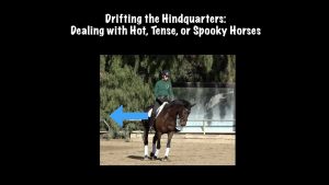 A rider on a dark horse in an arena demonstrates drifting the hindquarters. A large blue arrow points left. Text above reads: Drifting the Hindquarters: Dealing with Hot, Tense, or Spooky Horses.