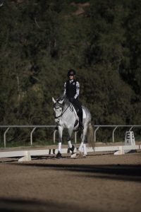 A person wearing a helmet and riding gear is riding a gray horse in an outdoor dressage arena, surrounded by trees. Dressage markers are visible along the sandy track.