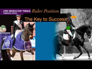 A rider on a horse participates in the FEI World Cup 2023 Finals Omaha. A title reads Improve Rider Position: The Key to Success, with an annotated diagram of correct rider alignment on the right.