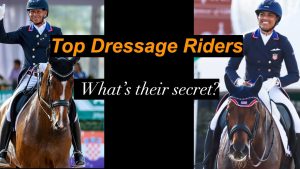Two dressage riders in formal attire, like Steffen Peters at World Cup Dressage 2023, smile atop their horses. Bold orange text reads Top Dressage Riders and white text below asks, What’s their secret? A riding arena is visible in the background.