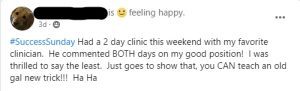 A Facebook post with a dog profile photo shares excitement about attending a 2-day clinic, learning something new, and receiving positive feedback from a clinician—crafted perfectly using Elementor Loop Item. #SuccessSunday.