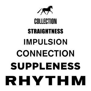 A pyramid diagram for the Training Scale Masterclass features a horse silhouette at the top and displays: Collection, Straightness, Impulsion, Connection, Suppleness, Rhythm—each word increasing in font size from top to bottom.