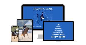 A phone, tablet, laptop, and desktop display images of a dressage rider and a blue screen featuring the words COLLECTION, STRAIGHTNESS, IMPULSION, CONNECTION, SUPPLENESS, RHYTHM and the Training Scale Masterclass.