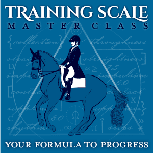 Illustration of a rider on a horse in dressage attire with Training Scale Masterclass and Your Formula to Progress on a blue background, featuring mathematical equations and handwritten script.
