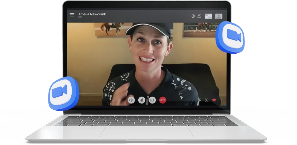 A laptop screen displaying a video call with a smiling woman in a black cap and patterned shirt; Zoom logos float around the laptop, capturing the energy of a virtual Training Masterclass.